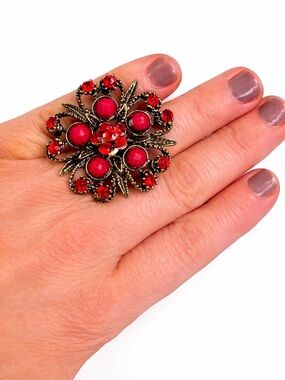 Vintage-Inspired Red Floral Statement Ring